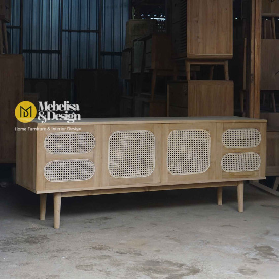 Credenza Bufet TV Ruang Tamu Kayu Jati Kombinasi Rotan