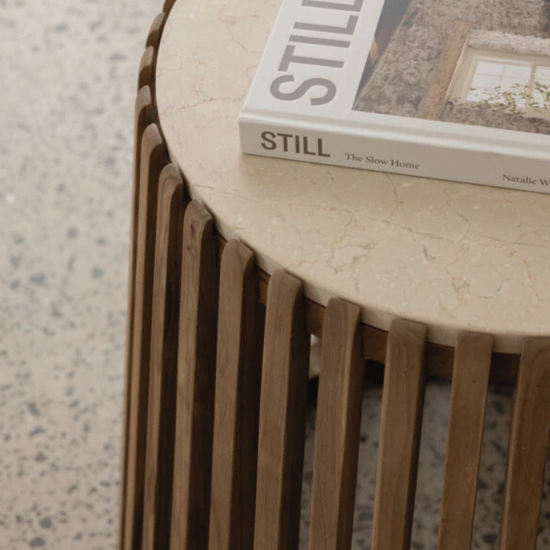 Drum Slatted Reclaimed Teak Side Table Top Marble