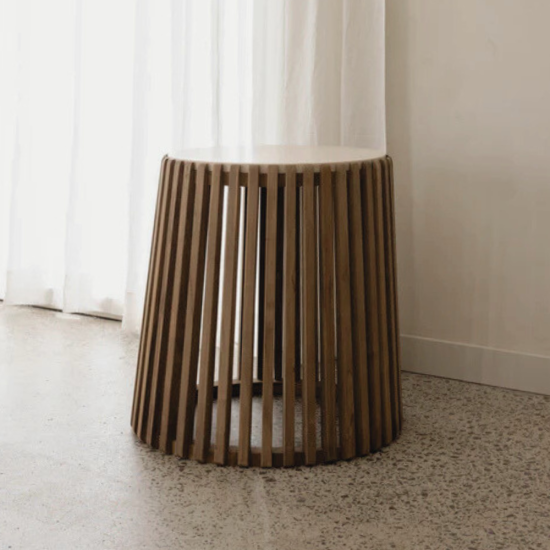 Drum Slatted Reclaimed Teak Side Table Top Marble