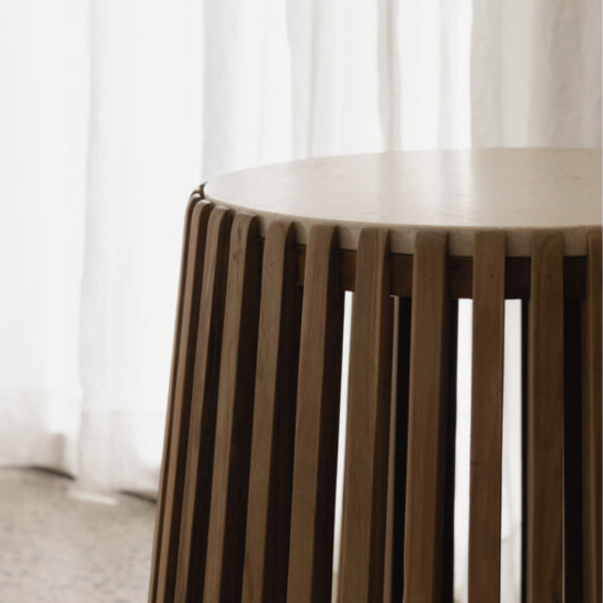 Drum Slatted Reclaimed Teak Side Table Top Marble