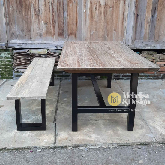 Industrial Style Reclaimed Teak Dining Table & Benches