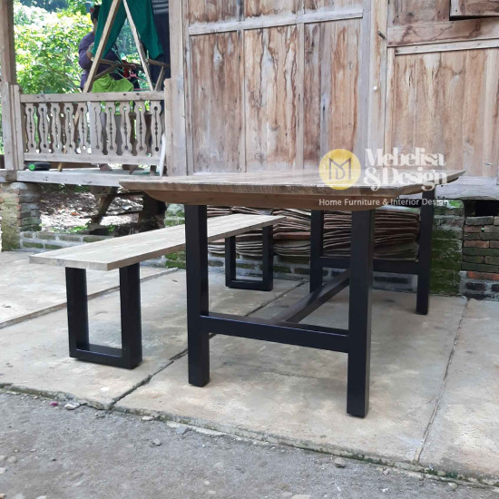Industrial Style Reclaimed Teak Dining Table & Benches