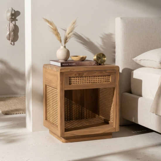 Jemia Teak and Rattan Bedside Table