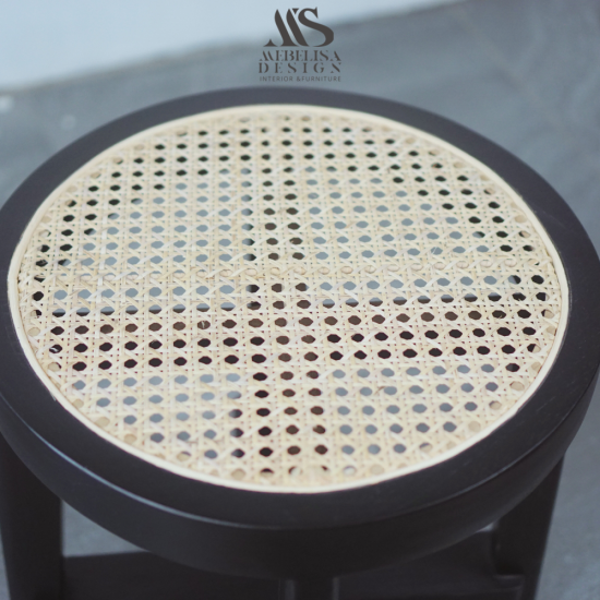 Kursi Bangku Stool Bundar Kayu Jati Kombinasi Anyaman