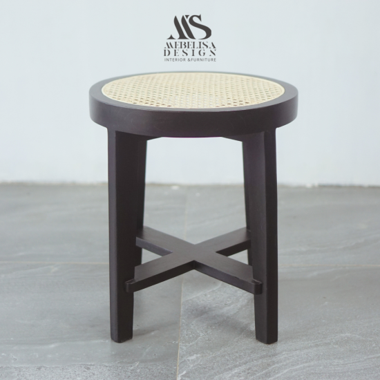 Kursi Bangku Stool Bundar Kayu Jati Kombinasi Anyaman