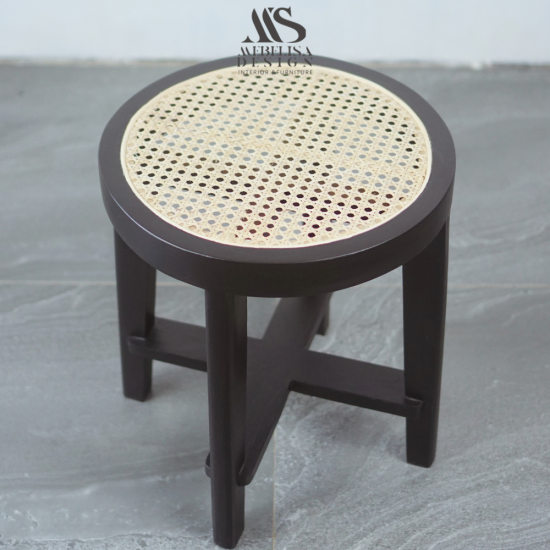 Kursi Bangku Stool Bundar Kayu Jati Kombinasi Anyaman