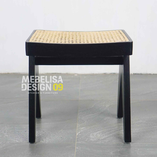 Kursi Bangku Stool Minimalis Kayu Jati Anyaman Rotan Black Finish