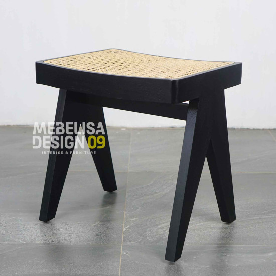 Kursi Bangku Stool Minimalis Kayu Jati Anyaman Rotan Black Finish