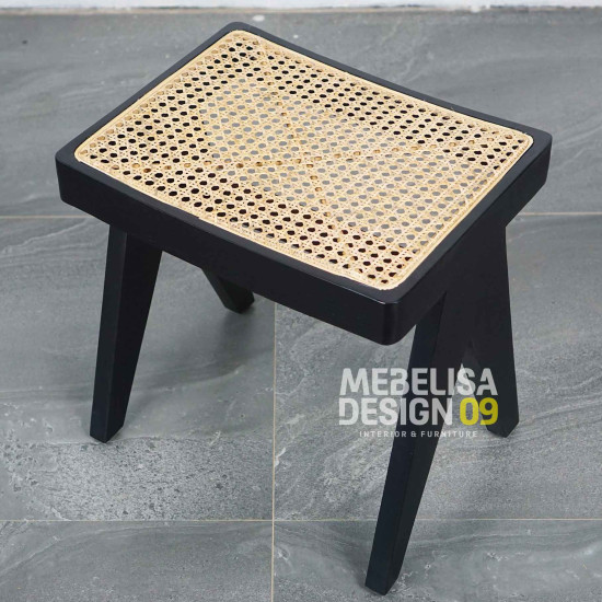 Kursi Bangku Stool Minimalis Kayu Jati Anyaman Rotan Black Finish