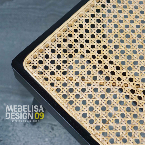 Kursi Bangku Stool Minimalis Kayu Jati Anyaman Rotan Black Finish