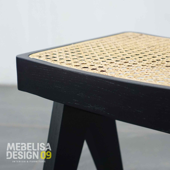 Kursi Bangku Stool Minimalis Kayu Jati Anyaman Rotan Black Finish