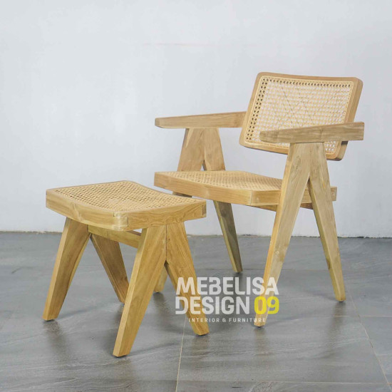 Kursi Santai Anyaman Rotan Set Stool Kayu Jati