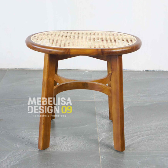 Kursi Stool Minimalis Oval Scandinavian Kayu Rattan Base
