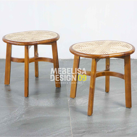 Kursi Stool Minimalis Oval Scandinavian Kayu Rattan Base