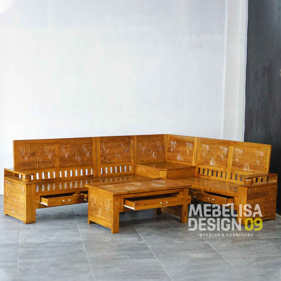 Kursi Tamu Sudut Koper Minimalis Kayu Jati Ukiran