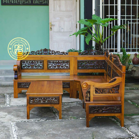 Kursi Tamu Sudut Ukiran Jepara Kayu Jati Finishing Kombinasi