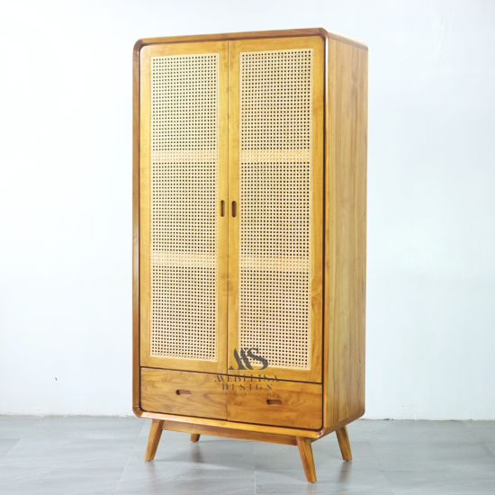 Lemari Baju 2 Pintu Aesthetic Kayu Jati Anyaman Rotan