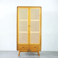 Lemari Baju 2 Pintu Aesthetic Kayu Jati Anyaman Rotan