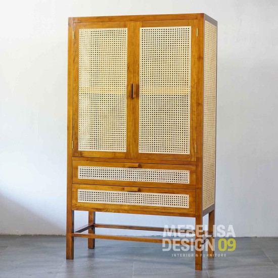 Lemari Baju Minimalis 2 Pintu Anyaman Rotan Kayu Jati Solid