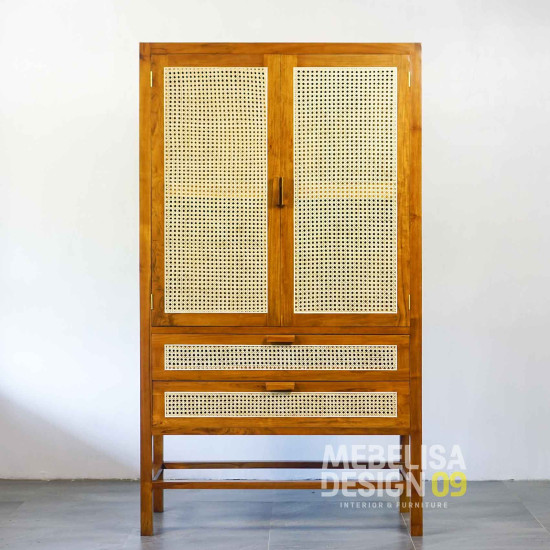 Lemari Baju Minimalis 2 Pintu Anyaman Rotan Kayu Jati Solid