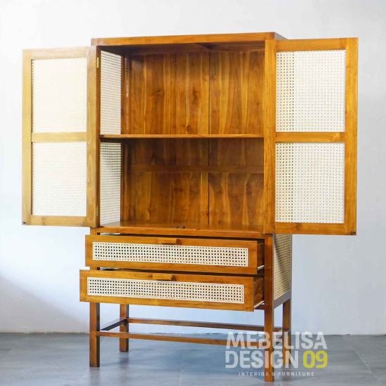 Lemari Baju Minimalis 2 Pintu Anyaman Rotan Kayu Jati Solid