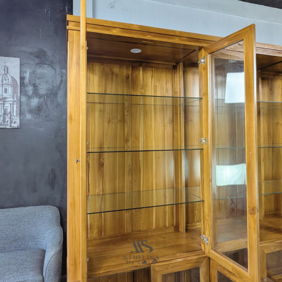 Lemari Pajangan Rak Kaca Minimalis Kayu Jati 6 Pintu