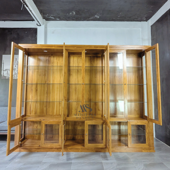 Lemari Pajangan Rak Kaca Minimalis Kayu Jati 6 Pintu
