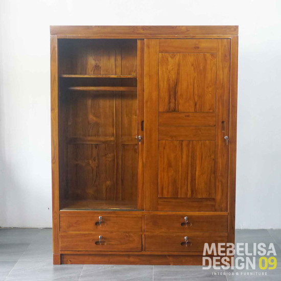 Lemari Pakaian 2 Pintu 4 Laci Kayu Jati Minimalis