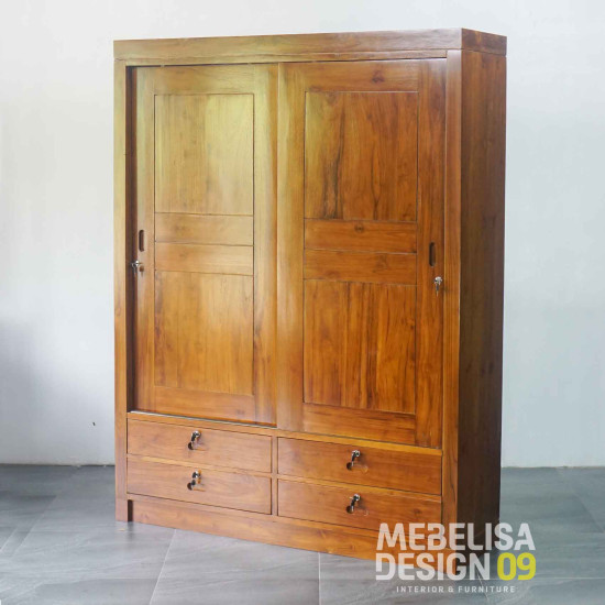 Lemari Pakaian 2 Pintu 4 Laci Kayu Jati Minimalis