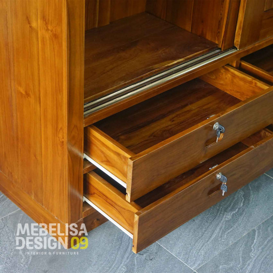 Lemari Pakaian 2 Pintu 4 Laci Kayu Jati Minimalis