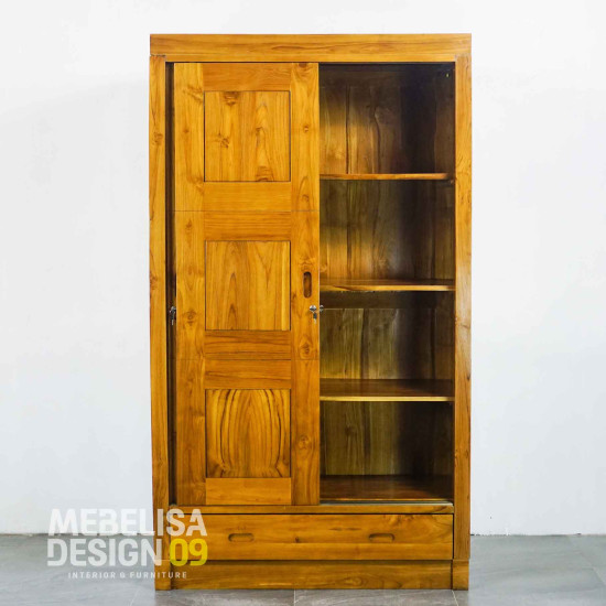 Lemari Pakaian 2 Pintu Sliding Minimalis Kayu Jati Solid