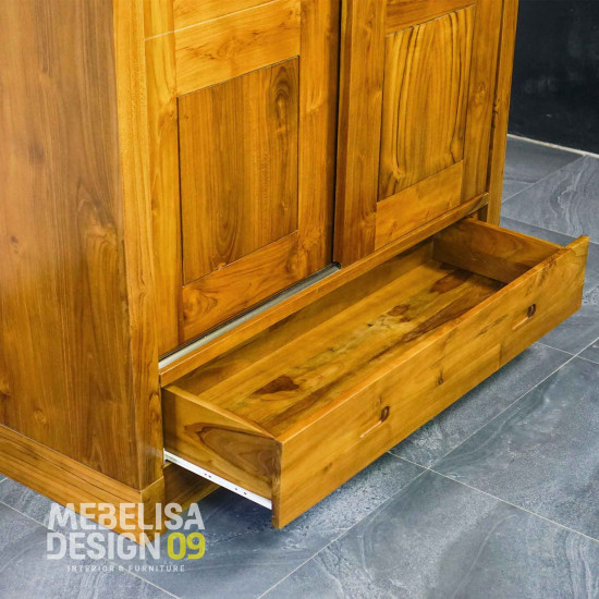 Lemari Pakaian 2 Pintu Sliding Minimalis Kayu Jati Solid