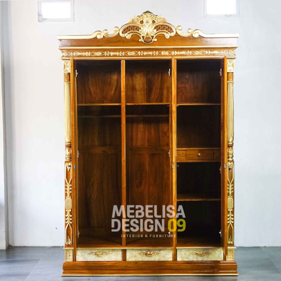 Lemari Pakaian 3 Pintu Model Peluru Ukiran Kayu Jati