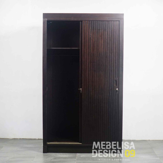 Lemari Pakaian Kayu Jati Solid 2 Pintu Geser Motif Salur