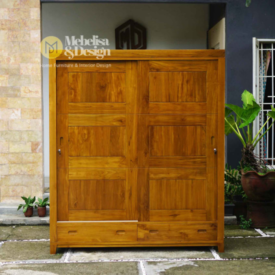Lemari Pakaian Minimalis Kayu Jati Pintu Sleding 2P Lemari Pakaian Minimalis Kayu Jati Pintu Sleding 2P