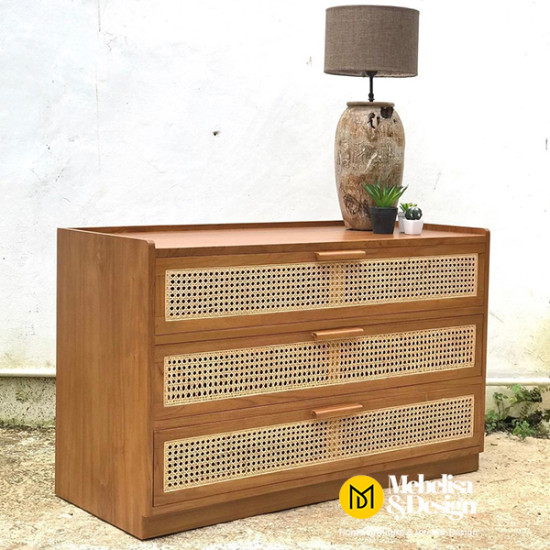 Meja Bufet Minimalis 3 Laci Jati Rotan Kinzy