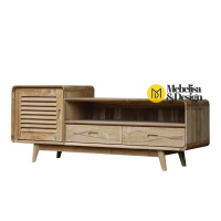 Meja Bufet TV Kayu Jati, Meja TV Minimalis Scandinavian 1 Pintu 2 Laci