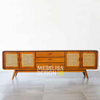 Meja Bufet TV Retro Minimalis Kayu Jati Kombinasi Pintu Anyaman Rotan