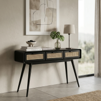 Meja Console Minimalis Jati 3 Laci Rotan Advika