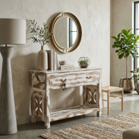 Meja Konsol Dinding Pajangan Jati White Wash Rustic