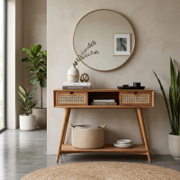 Meja Konsul Retro Minimalis 2 Laci Rotan Foyer