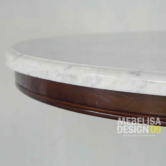 Meja Makan Antik Bulat Top Marmer Mewah Kayu Jati