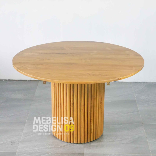 Meja Makan Bulat Minimalis Kayu Jati Solid Kaki Salur Strip