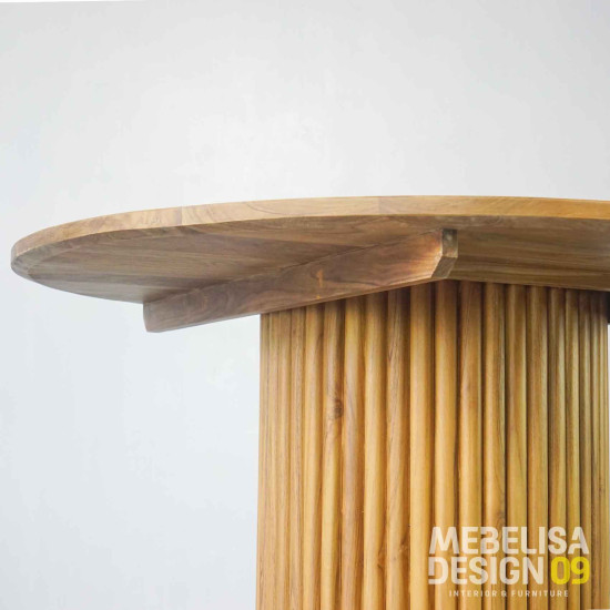 Meja Makan Bulat Minimalis Kayu Jati Solid Kaki Salur Strip