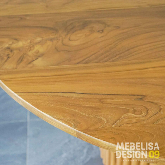 Meja Makan Bulat Minimalis Kayu Jati Solid Kaki Salur Strip