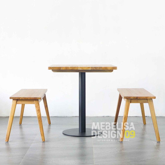 Meja Makan Kaki Besi Set 2 Bangku Minimalis Kayu Solid