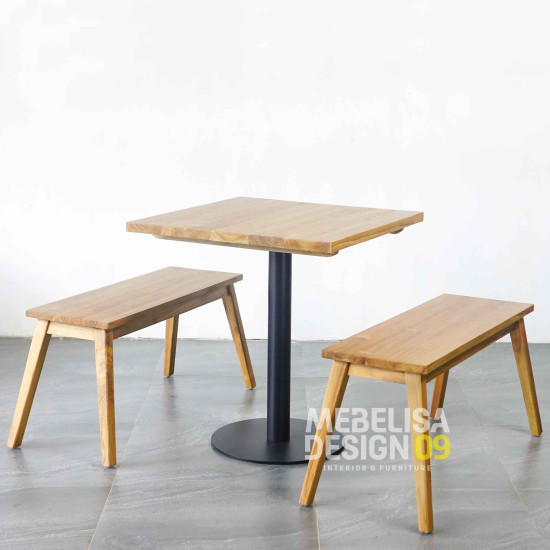 Meja Makan Kaki Besi Set 2 Bangku Minimalis Kayu Solid