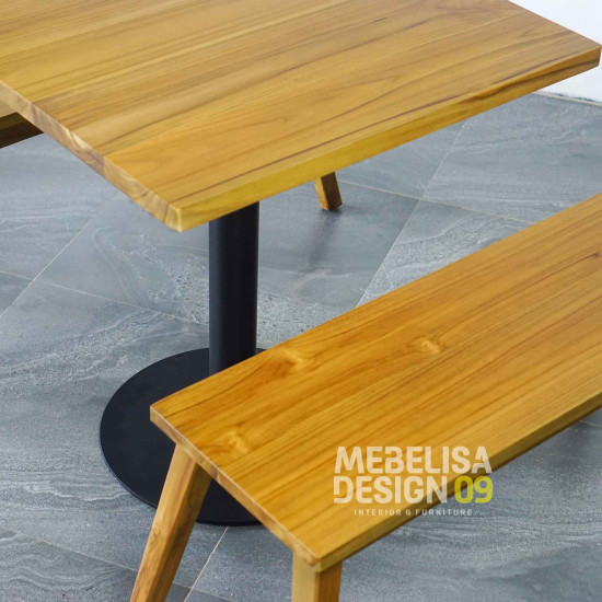 Meja Makan Kaki Besi Set 2 Bangku Minimalis Kayu Solid