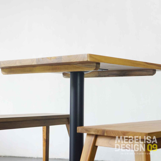 Meja Makan Kaki Besi Set 2 Bangku Minimalis Kayu Solid