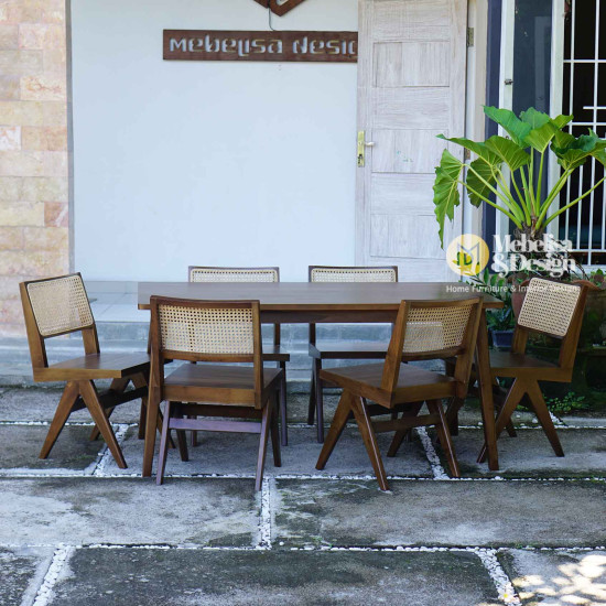 Meja Makan Minimalis Set 6k Jati Mix Rotan